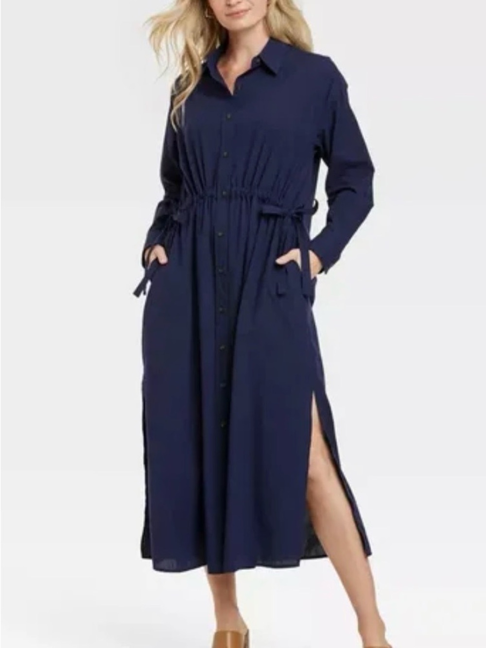 Navy Button-Front Maxi Shirt Dress with Drawstring Waist